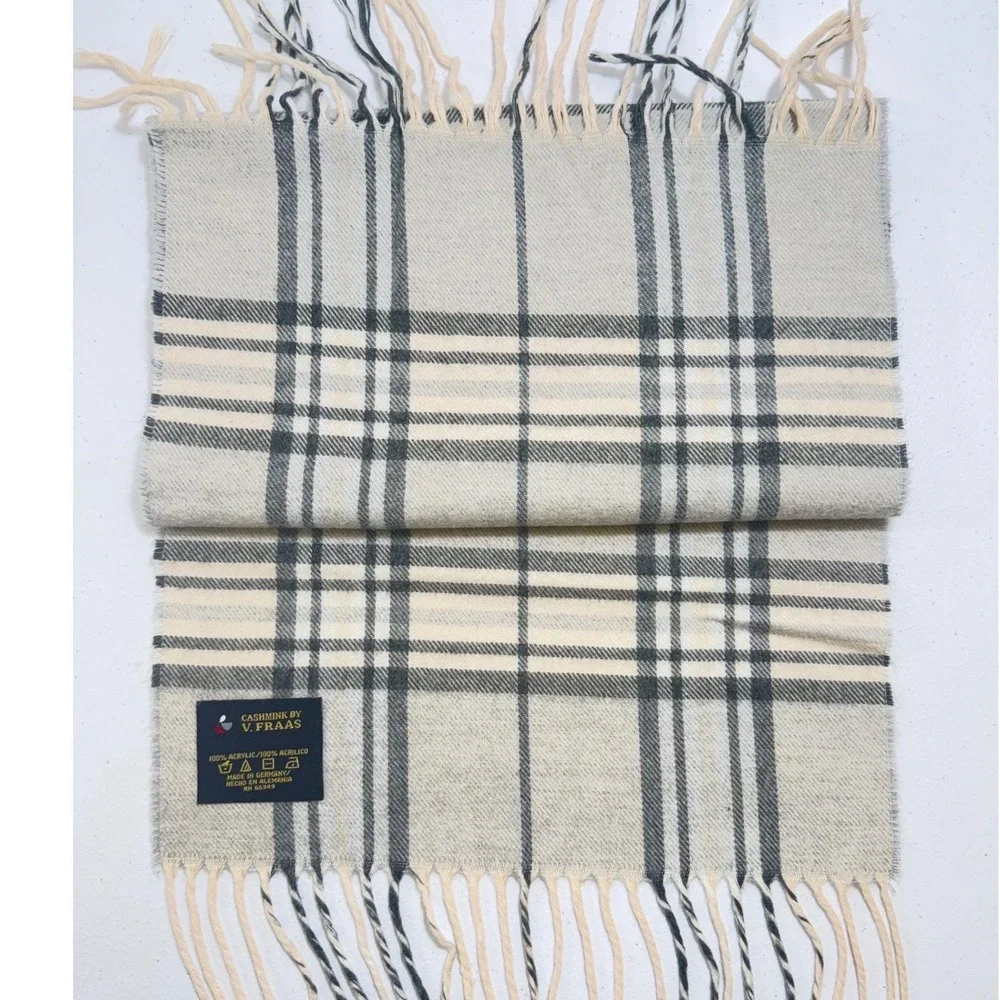 V Fraas Cashmink‎ Plaid Scarf Beige Black White Fringe Made in Germany